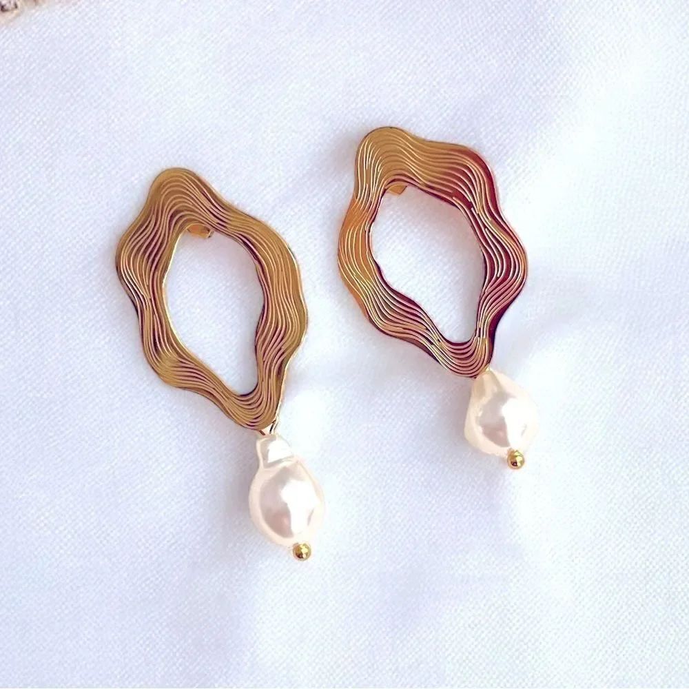 Gold Hoop Faux Pearl Drop Earrings